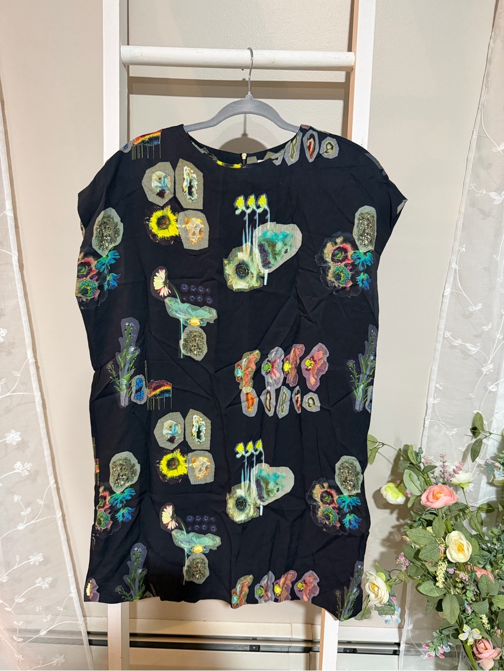 & Other Stories Black Floral-Print Dress with Neon Trim